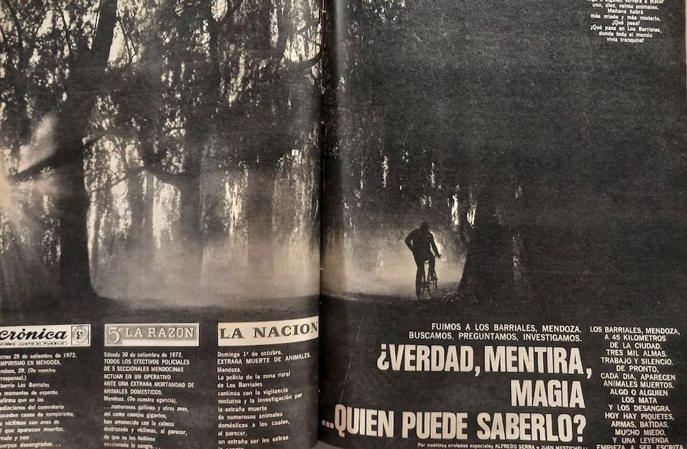 Dos de las páginas que le dedicó la revista Gente en 1972 a los hechos que se supone sucedían en Barriales, Junín. La fotografía es del célebre Gianni Mestichelli.