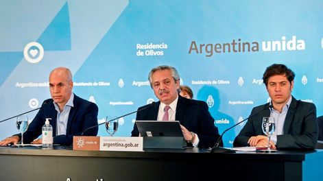 Alberto Fernández junto a Horacio Rodríguez Larreta y Axel Kicillof.