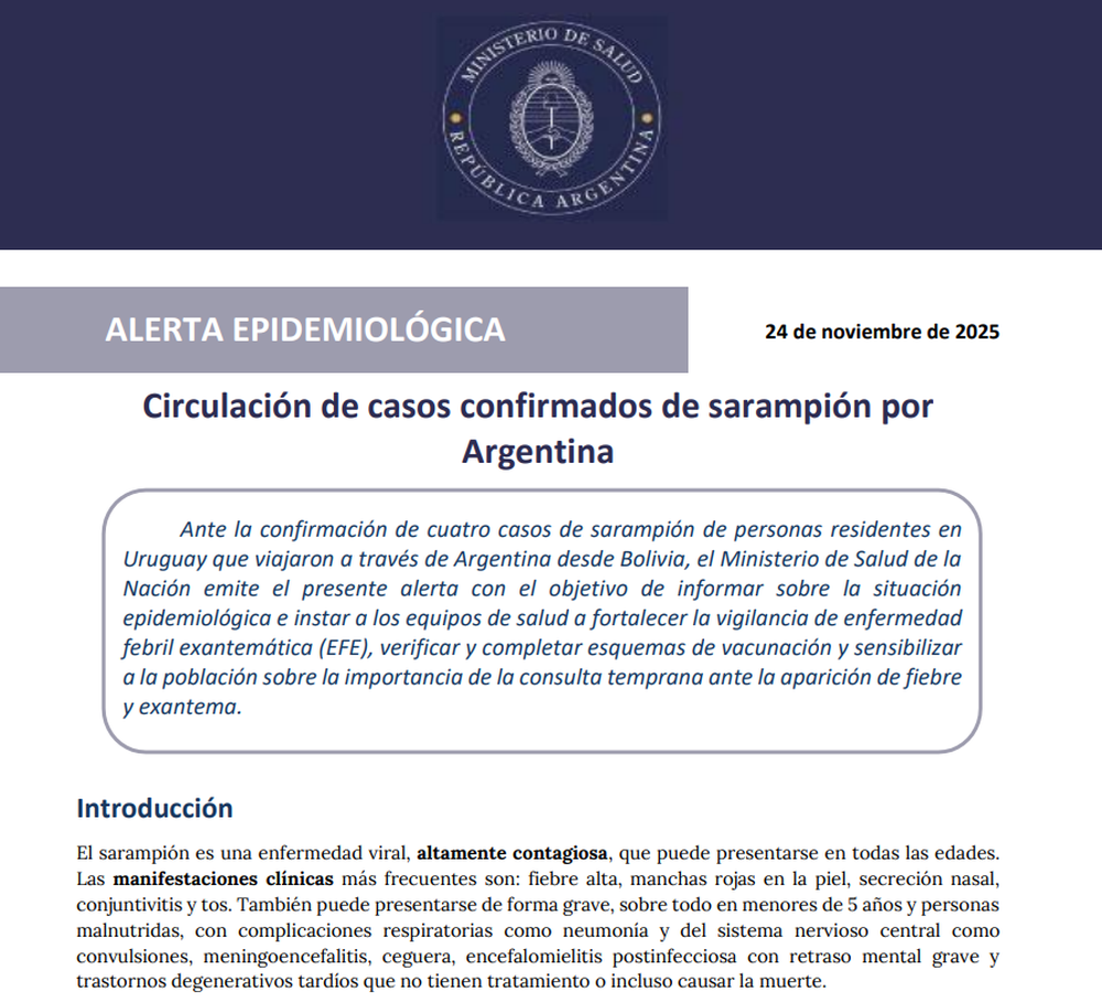 Alerta epidemiológica por casos de sarampión.