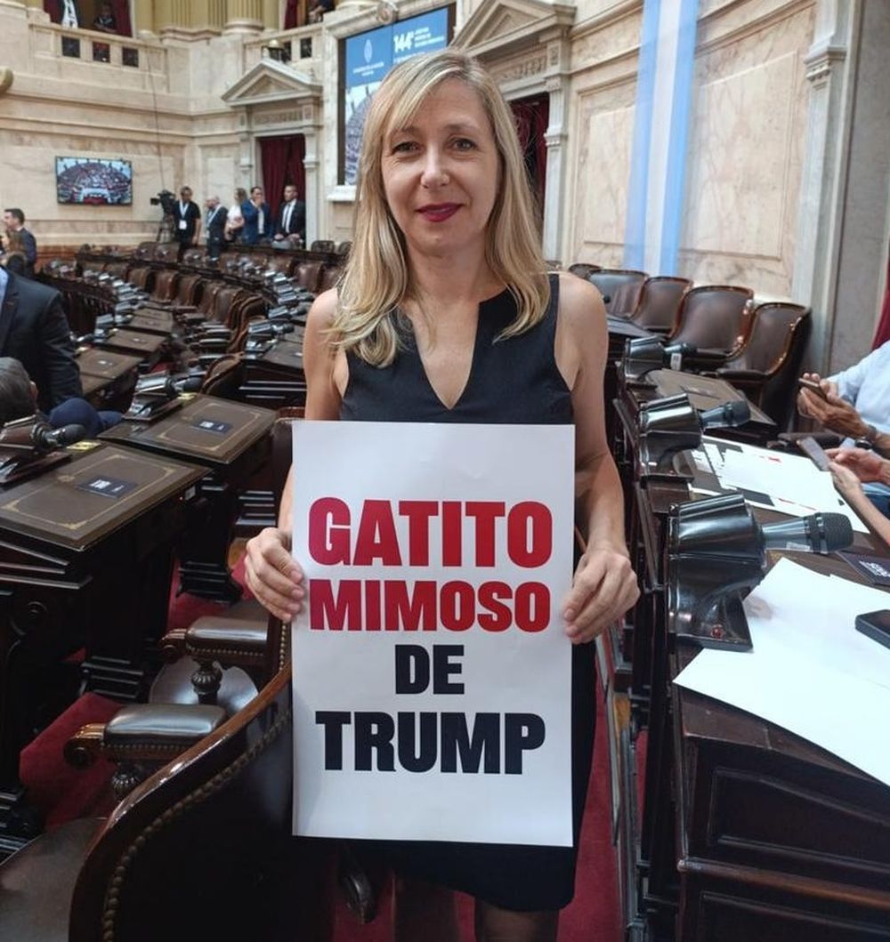 La diputada nacional Myriam Bregman (Frente de Izquierda) llevó a la Asamblea Legislativa el cartel para Milei que decía Gatito mimoso de Trump