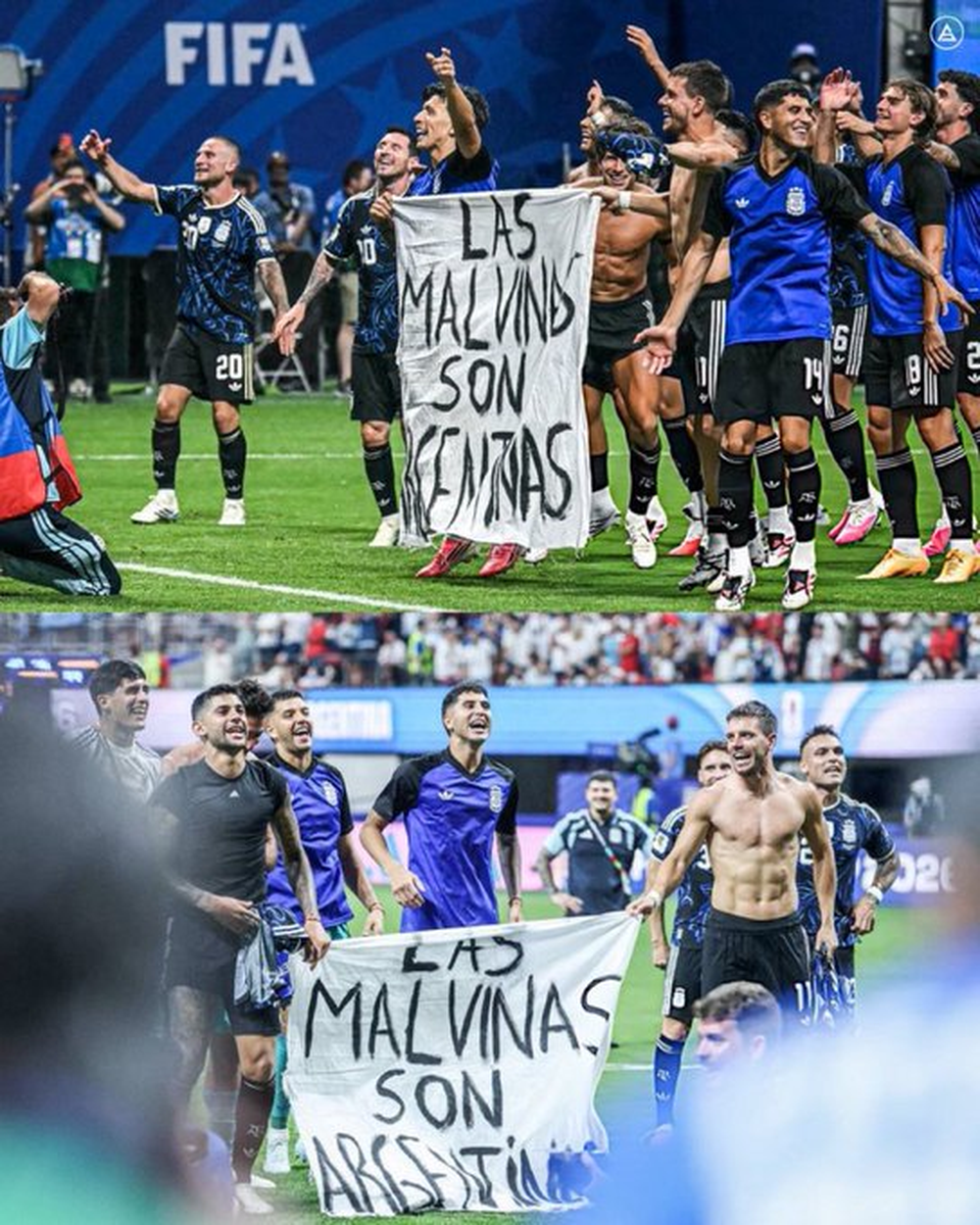 Los jugadores argentinos festejaron el pase a la final y mostraron una bandera sobre las Islas Malvinas.