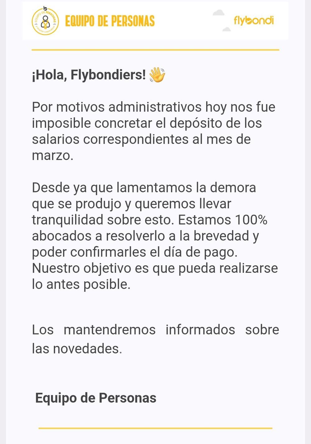 Mensaje de Flybondi por retraso en pago de salarios