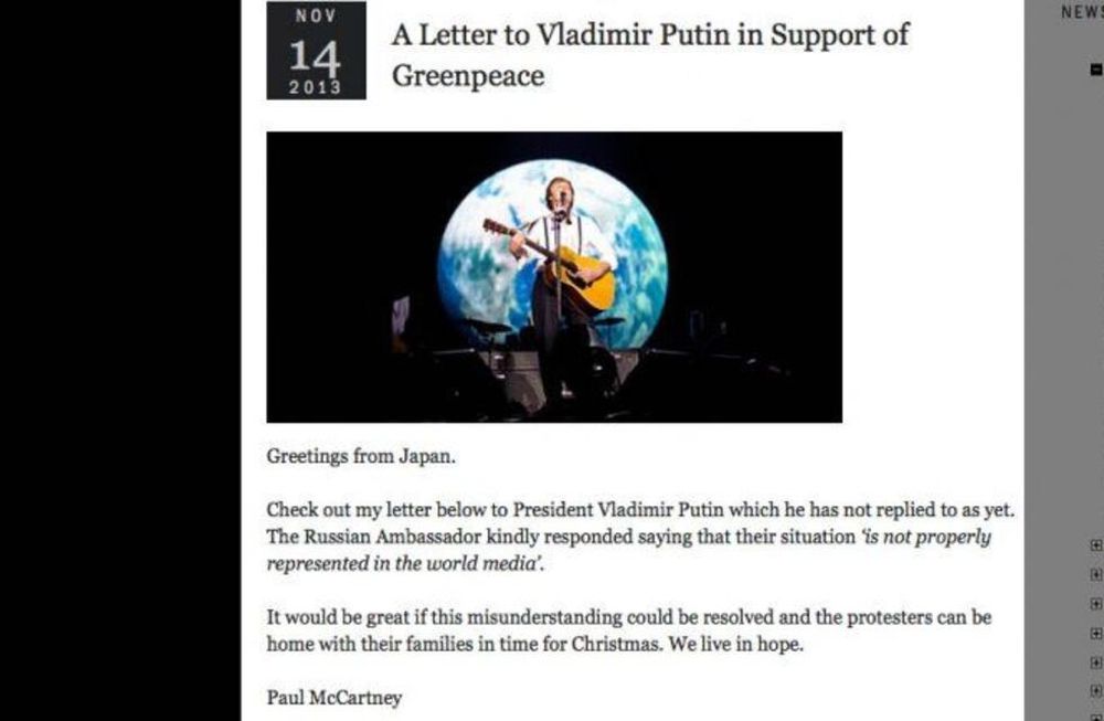 Paul McCartney pide por carta a Putin que libere a los activistas de Greenpeace