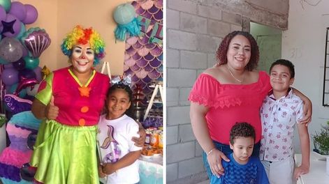Una mujer realiza múltiples oficios para mantener a flote su familia, entre ellos de payasa.