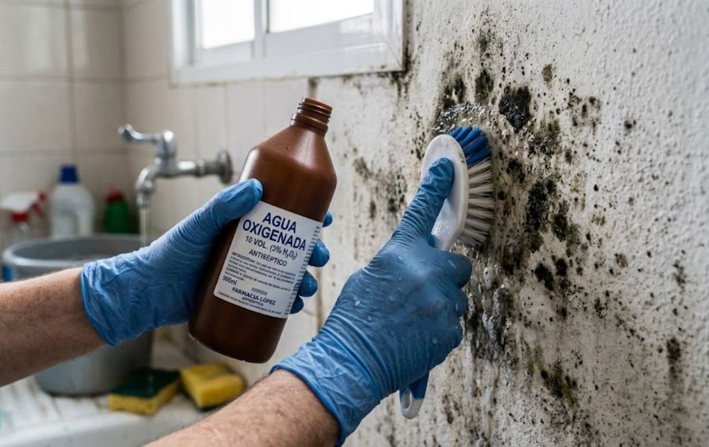 El agua oxigenada es una solución alternativa para quitar las manchas leves y viejas de moho.