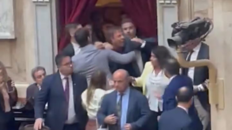 La pelea a puños entre los diputados Oscar Zago, del MID, y Lisandro Almirón, de La Libertad Avanza (LLA).&nbsp;