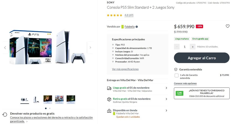 Precio de PS5 con lector de discos en Falabella Chile (octubre de 2025)