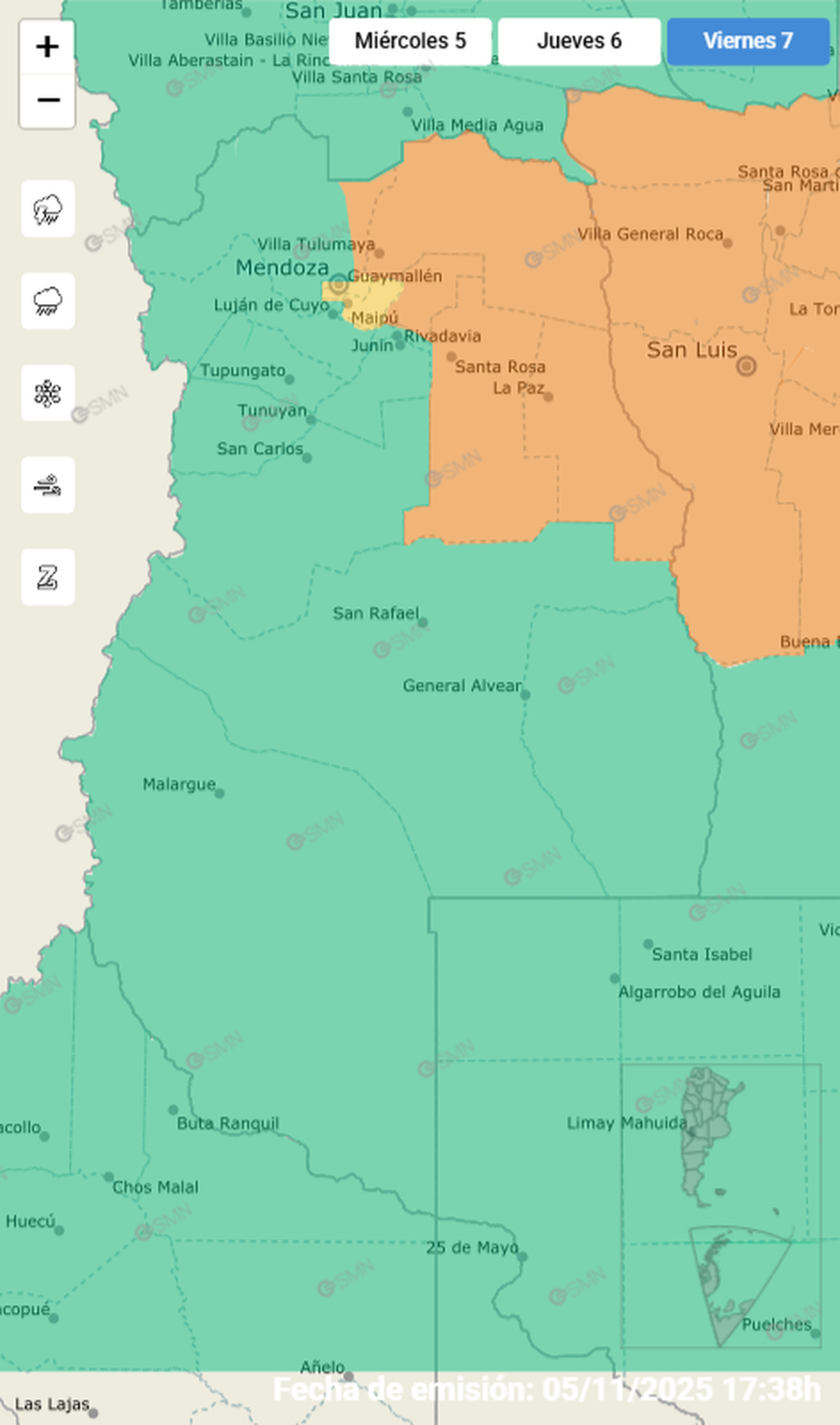 Waarschuwing voor storm en hagel afgegeven voor vrijdag 7 november in Mendoza.