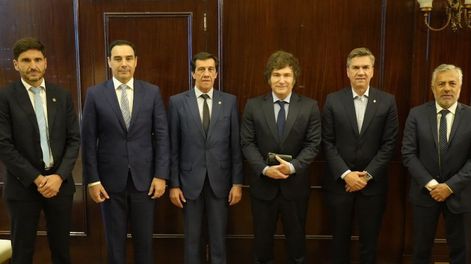 El presidente Javier Milei y los gobernadores radicales, entre ellos Alfredo Cornejo, luego del almuerzo en la Casa Rosada.