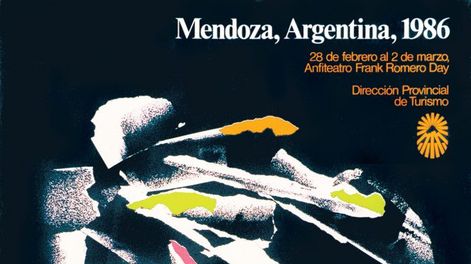 El afiche oficial del Cincuentenario anticipó el tono de la Vendimia 1986: “50 vendimias” celebradas como patrimonio vivo y como regreso de la noche mayor mendocina.&nbsp;