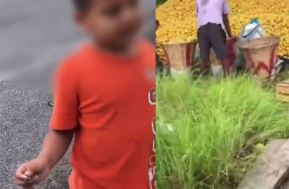 El niño intentó comprar diez pesos en naranjas, mientras los vecinos saqueaban el camión y su actitud se hizo viral.