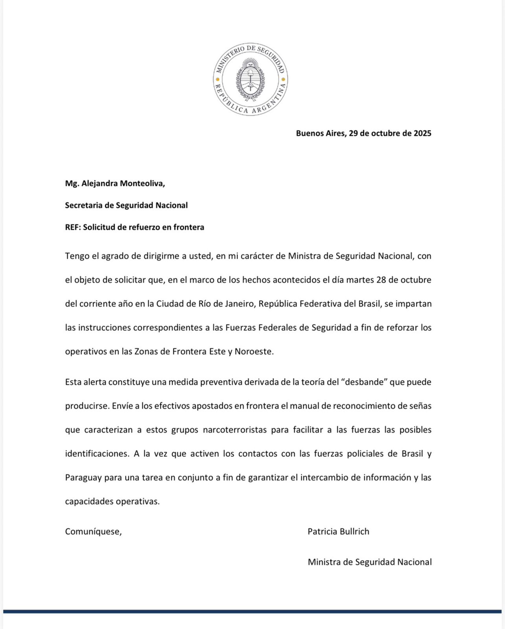 Comunicado de Patricia Bullrich sobre la alerta en la frontera.