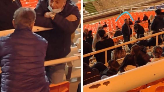 Alejandro Gullé (procurador de la Corte) charla con José Mansur (presidente del club Godoy Cruz, de espaldas). A la derecha, el diputado nacional Alfredo Cornejo, también en la platea techada del Malvinas. / gentileza