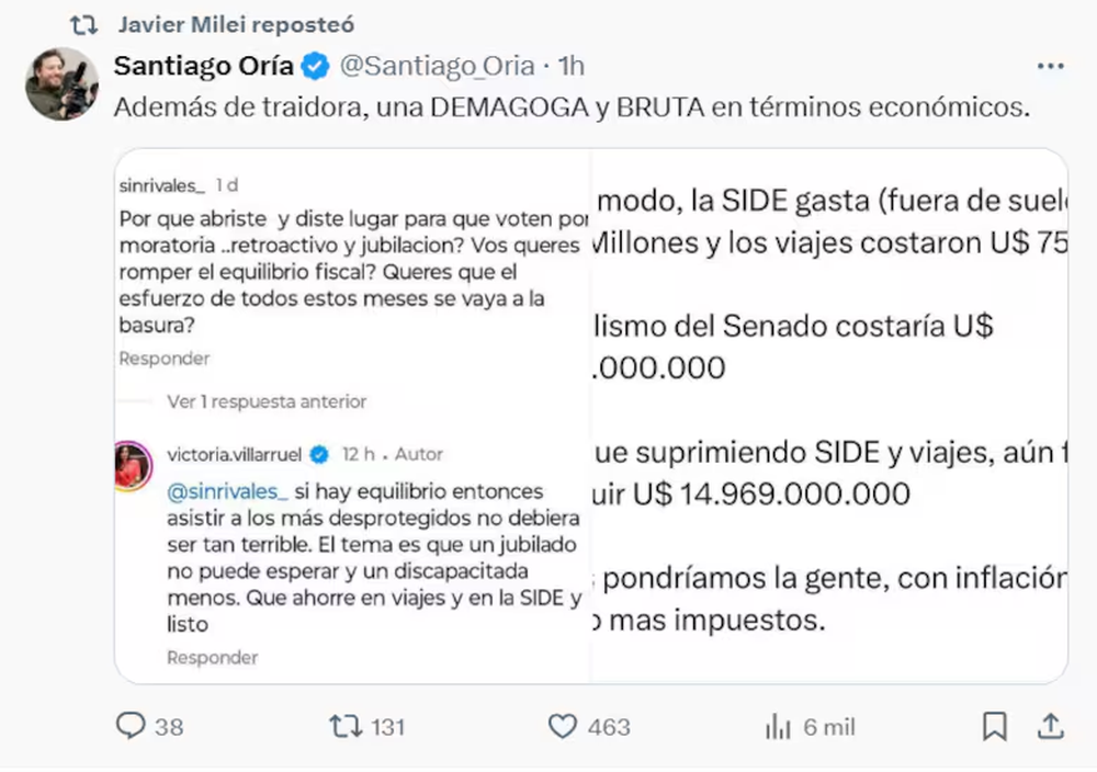 Javier Milei compartió en redes mensajes contra Victoria Villarruel.