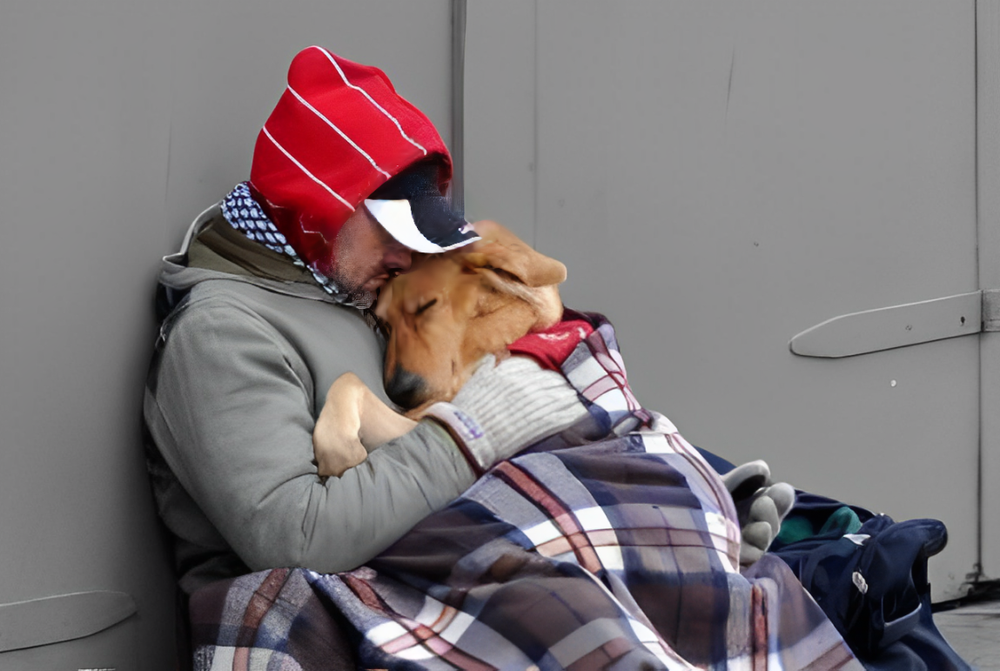 Un hombre Indigente que vive con su perro en la calle