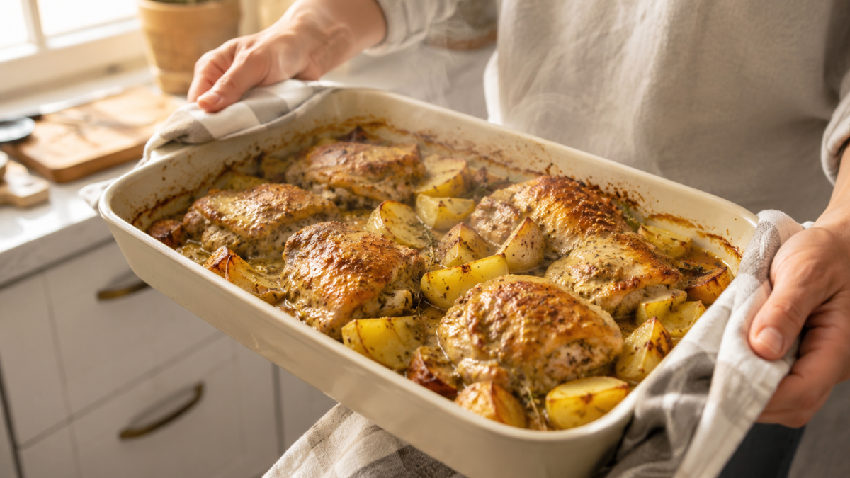 Martes de proteína: pollo a la mostaza al horno con papas, fácil de preparar y perfecto para varias porciones