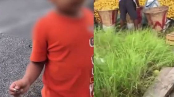 El niño intentó comprar diez pesos en naranjas, mientras los vecinos saqueaban el camión y su actitud se hizo viral.