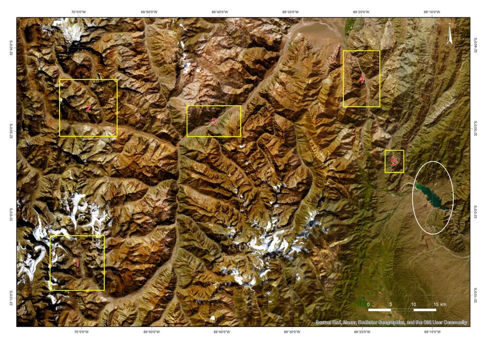 Obszary, na których znajdowały się Paleolakes: Strefa 1, Dolina rzeki Plomo; Strefa 2, Puente del Inca, Horcones i Confluencia; Strefa 3, zbieg rzek Kolorado i Mendoza; Strefa 4, Tigre Dormido; Strefa 5, Los Arboles. Biały owal oznacza lokalizację tamy Potrerillos.