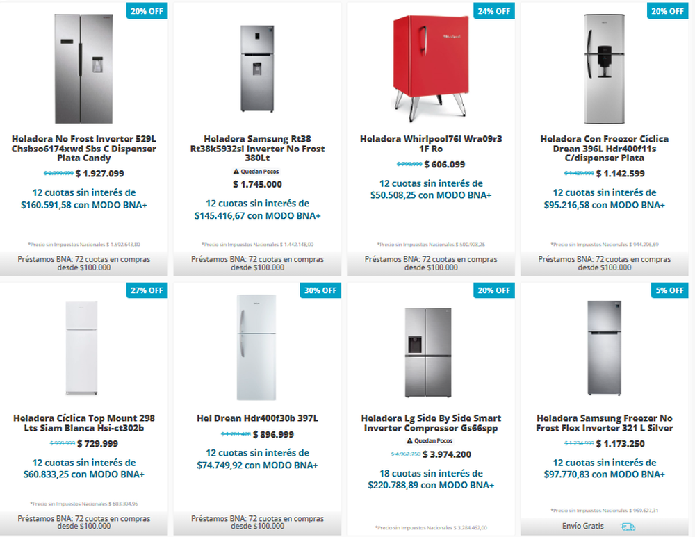 Some of the refrigerators offered by Tienda BNA.