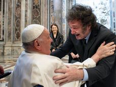Vatican City (Vatican City State (holy See)), 11/02/2024.- A handout picture provided by the Vatican Media shows Pope Francis meets Argentinas President Javier Milei in St. Peters Basilica prior to the Mass for Canonization of Maria Antonia of Saint Joseph de Paz y Figueroa, Vatican City, 11 February 2024. On the anniversary of the first apparition of the Blessed Virgin Mary in Lourdes, Pope Francis canonized Maria Antonia of Saint Joseph de Paz y Figueroa, also known as Mama Antula, the founder of the House for Spiritual Exercises of Buenos Aires. (Papa) EFE/EPA/VATICAN