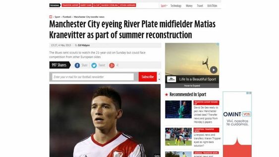 El jugador Matías Kranevitter, de River, está en vista del Manchester City