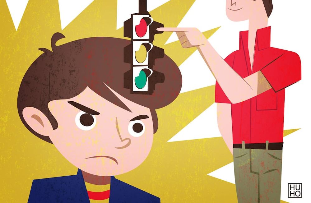 Al igual que un auto frente al semáforo en rojo, las personas también podemos detenernos ante algo que nos enoja y tomarnos un tiempo para pensar, sin necesidad de reaccionar. Ilustración: Hugo Horita.