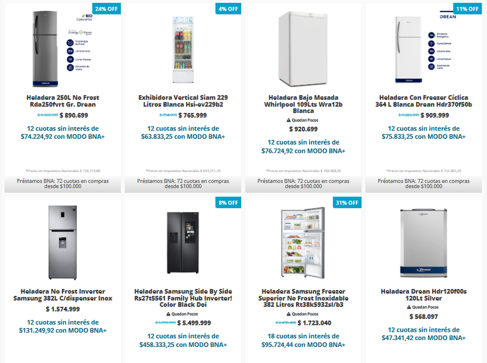 Some of the refrigerators offered by Tienda BNA.