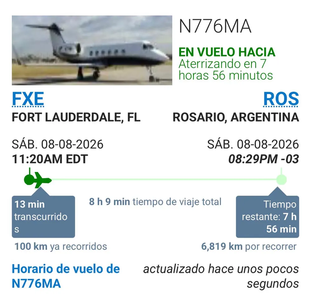 El vuelo en el que viajar&iacute;a Messi a Rosario.&nbsp;