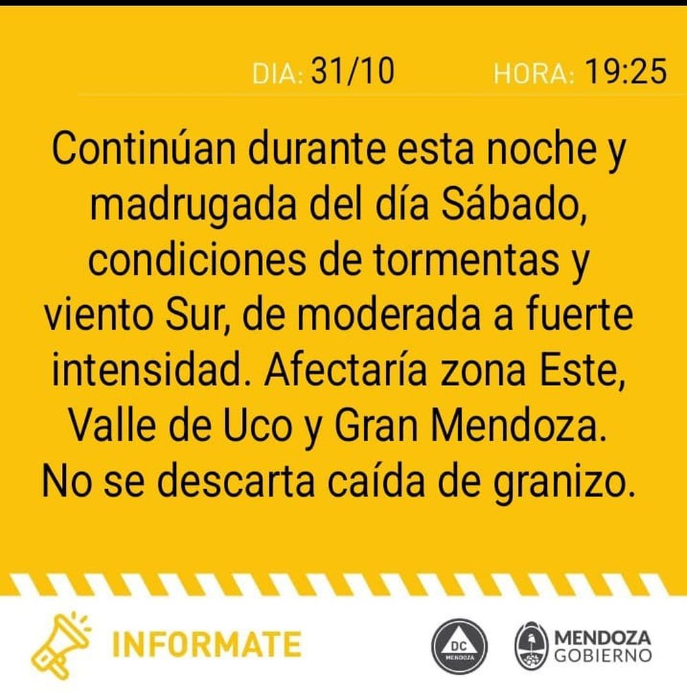Defensa Civil informó que rige una alerta amarilla por fuertes tormentas para este sábado