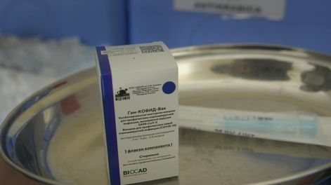 Uno de los envases de las segundas dosis de la vacuna Sputnik V que llegaron a Mendoza. / Orlando Pelichotti