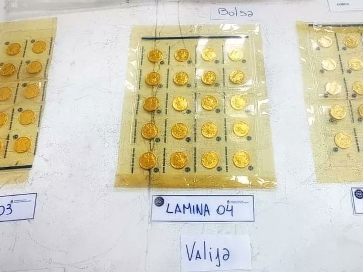 Detuvieron en el aeropuerto de Ezeiza a una mujer que iba a tomar un vuelo a Miami con seis kilos de monedas de oro. Foto: Policía De Seguridad Aeroportuaria
