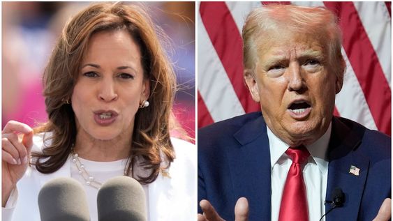 Esta combinación de fotografías muestra a la vicepresidenta Kamala Harris el 7 de agosto de 2024 y al candidato republicano a la presidencia, el expresidente Donald Trump, el 31 de julio de 2024. (AP Foto/Charles Rex Arbogast)