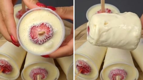 Helados caseros de crema y frutillas.