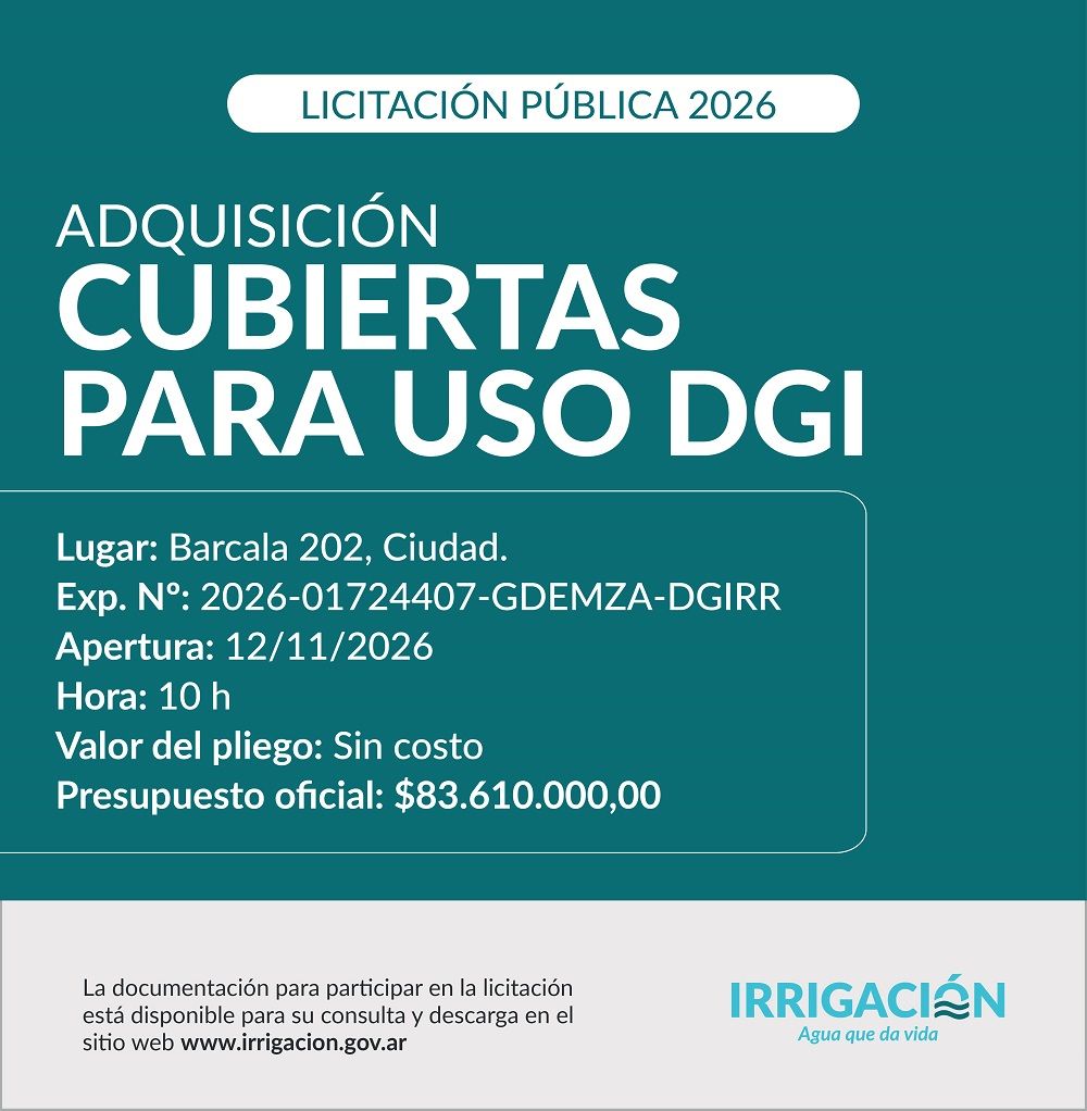 El Departamento General de Irrigación abrió una licitación pública para la adquisición de cubiertas destinadas a los vehículos y equipos de todo el organismo del agua. El Departamento General de Irrigación abrió una licitación pública para la adquisición de cubiertas destinadas a los vehículos y equipos de todo el organismo del agua.