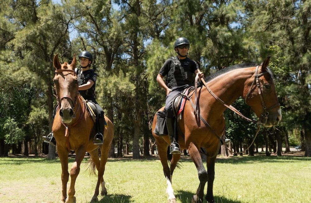 Los efectivos del cuerpo de Policía Montada General Martín Miguel de Güemes custodian los espacios verdes de la provincia, como el parque General San Martín. | Foto: Ignacio Blanco / Los Andes