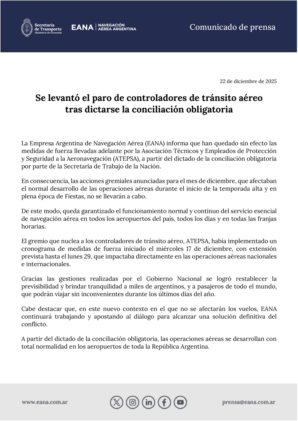 Comunicado de Prensa de EANA.