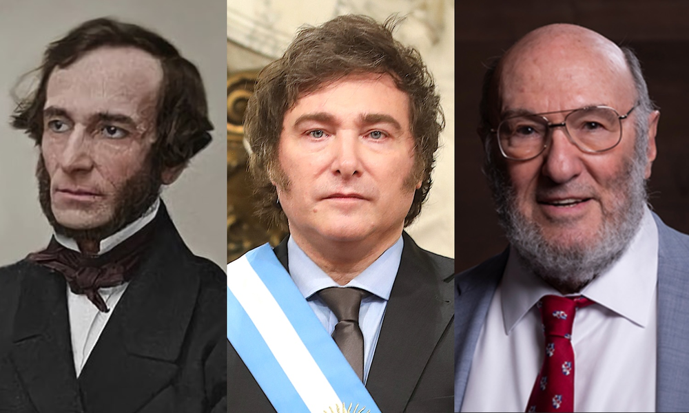 Javier Milei rodeado por Juan Bautista Alberdi, un liberal pleno y por Walter Block un libertario absoluto.