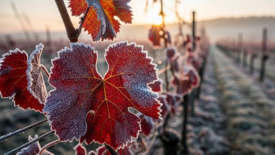 Viñedo tras una helada: el hielo recubre las superficies y daña los tejidos.&nbsp;