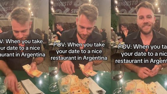 Una vez que llega la cuenta, el joven despliega un manojo insólito de billetes de mil pesos y comienza a contar uno por uno para pagar. “Creo que conté mal”, humorizó. Foto: Captura video