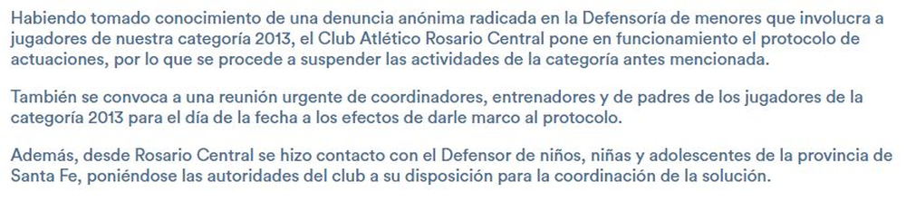 Denuncia de Rosario Central.&nbsp;