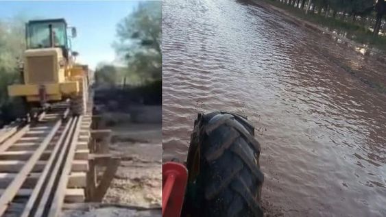 Un anciano murió y por las intensas lluvias que generaron crecidas fue trasladado en retroexcavadora. Gentileza: Diario de Cuyo.