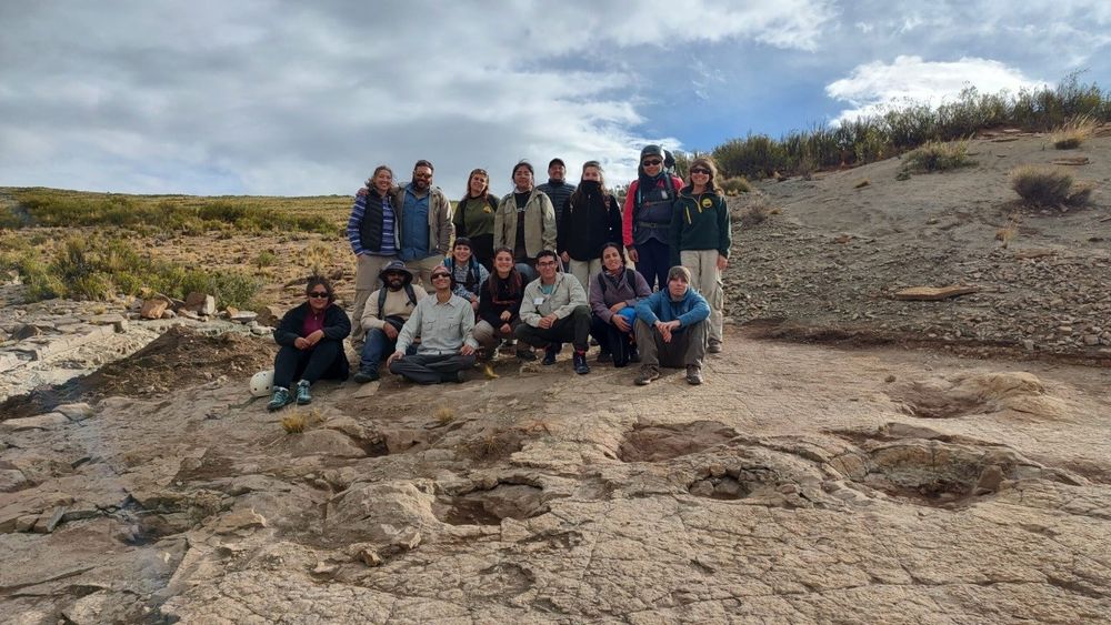 Tras 18 largos años de un incansable trabajo ad honorem para preservar y exhibir un tesoro paleontológico, el equipo de investigación del Laboratorio y Museo de Dinosaurios celebra la concreción del Parque Cretácico Huellas de Dinosaurios de Malargüe. En esta foto, la Dra. María Belén Tomaselli, el Dr. Leonardo Ortiz David, el Lic. Juan Pedro Coria y el Téc. Germán Sánchez Tiviroli, junto a Maximiliano Praderio (Coordinador del Parque), Laura Nuldeman (Coordinadora de la Tecnicatura en Conservación de la Naturaleza, TE.CO.NA. Sede Malargüe) y estudiantes avanzados de la TE.CO.NA., festejan la culminación de los trabajos de preservación y exhibición que permitieron la esperada inauguración del museo a cielo abierto.