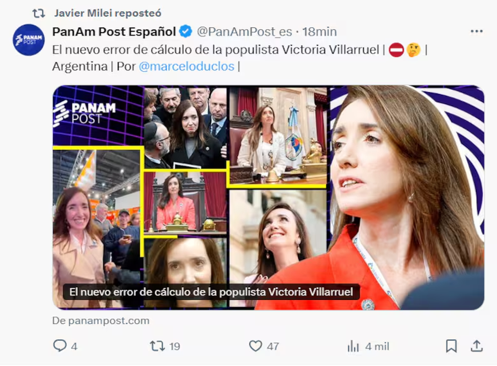 Javier Milei compartió en redes mensajes contra Victoria Villarruel