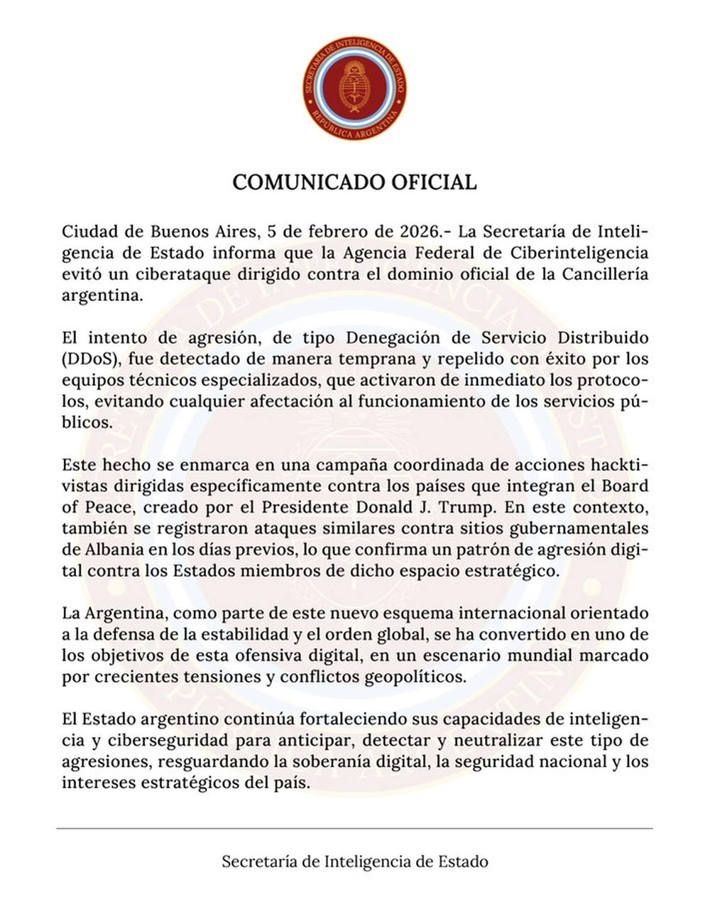 Comunicado de la Secretaría de Inteligencia. Comunicado de la Secretaría de Inteligencia.