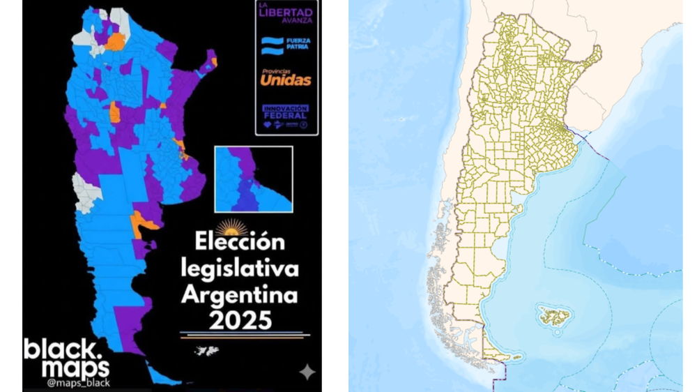 A la izquierda el mapa desinformante, a la derecha el mapa con las divisiones por departamentos del IGN