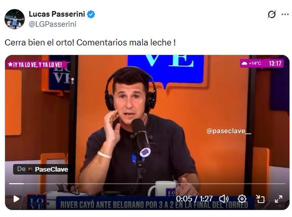 Lucas Passerini se manifest&oacute; en sus redes sociales contra Hern&aacute;n Castillo. 