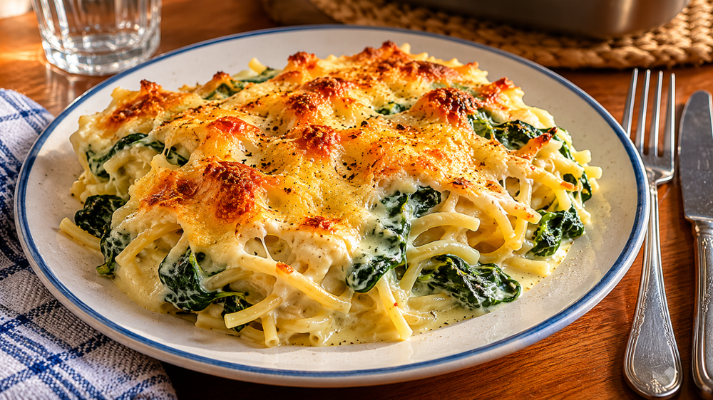 Jueves de pastas: fideos gratinados con salsa blanca y espinaca, una receta económica y llenadora