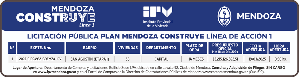 Bedrijven die de specificaties willen raadplegen, kunnen dat doen op de IPV-website www.ipvmendoza.gov.ar/proveedores/licitaciones-y-pliegos/ | Regering van Mendoza