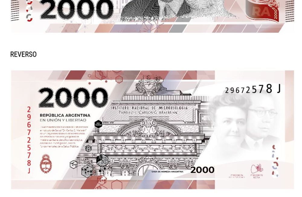 Billete de 2000 pesos con la imagen de Cecilia Grierson y al doctor Ramón Carrillo - BCRA