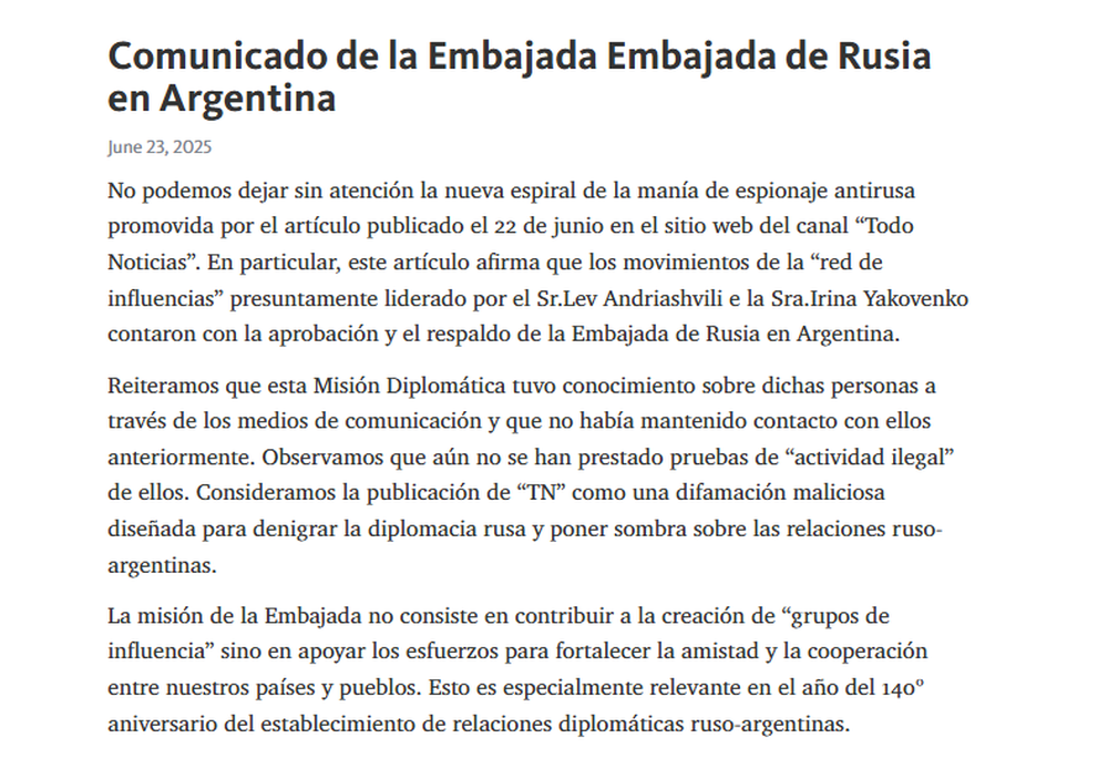 El comunicado que lanzó la embajada rusa en 2025